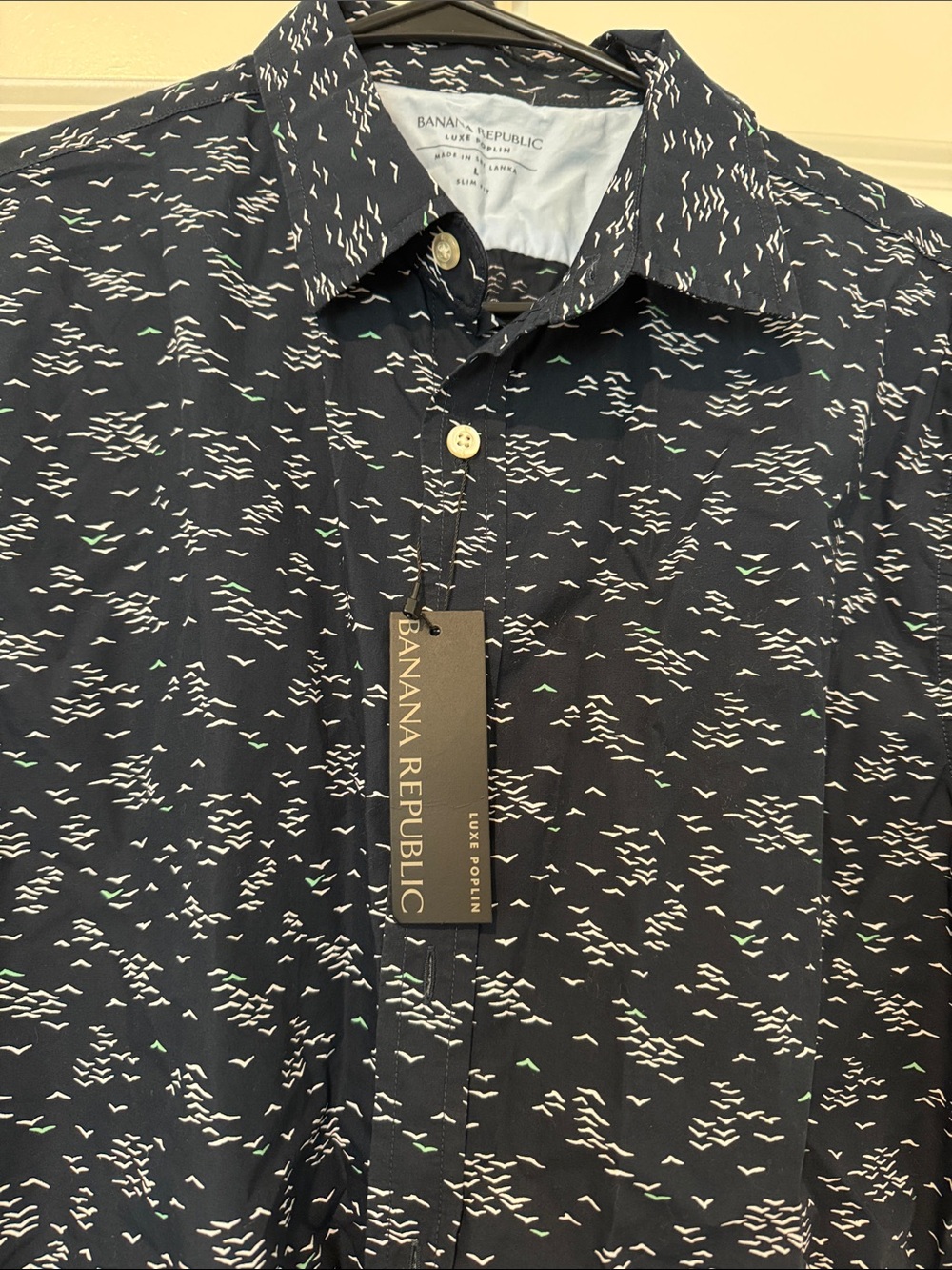 Banana Republic Navy Button-Down with White & Green Abstract Print